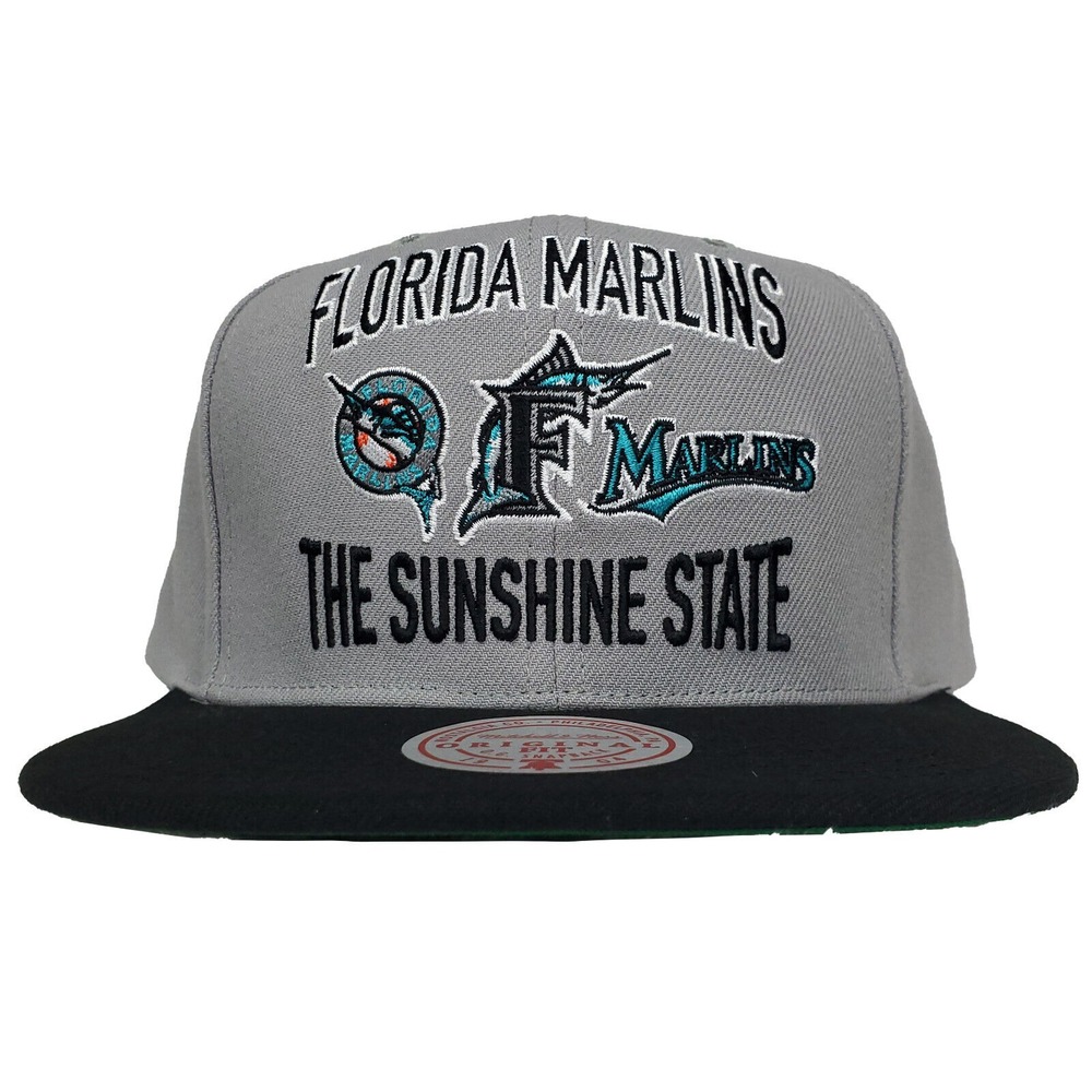 Florida Marlins Mitchell & Ness MLB Snapback Hat Cap Multi-Logo Gray Black NWT